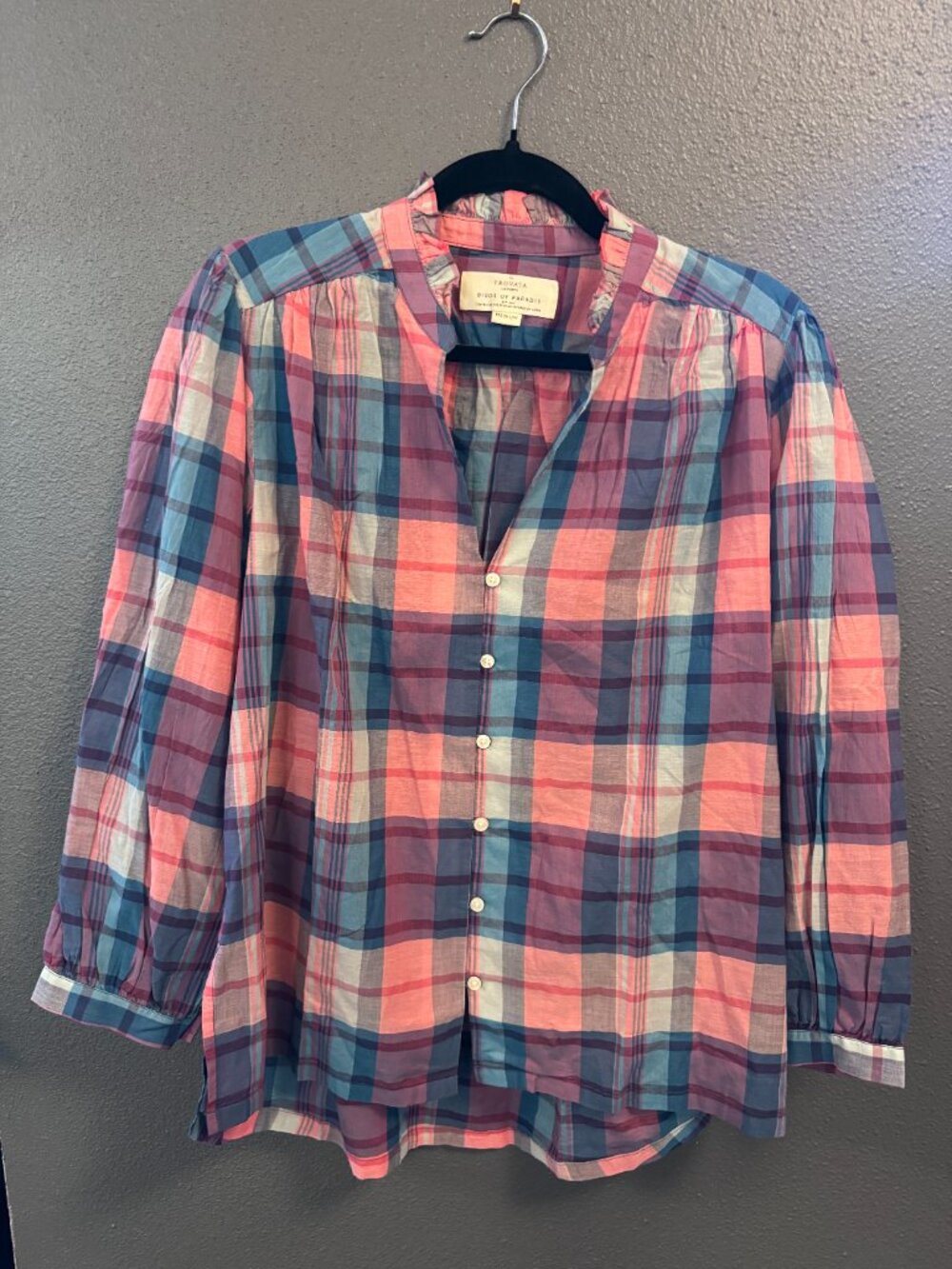 Trovata Plaid Ruffle Detail Long Sleeve Blouse - Picture 3 of 4